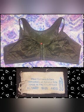 Lasting Comfort Blk Sheer Lace & Mesh Front Closure Wire-Free Soft Cup Bra 48DD